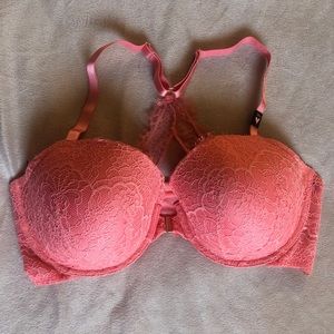 38DDD coral pink lace racer back lined demi bra